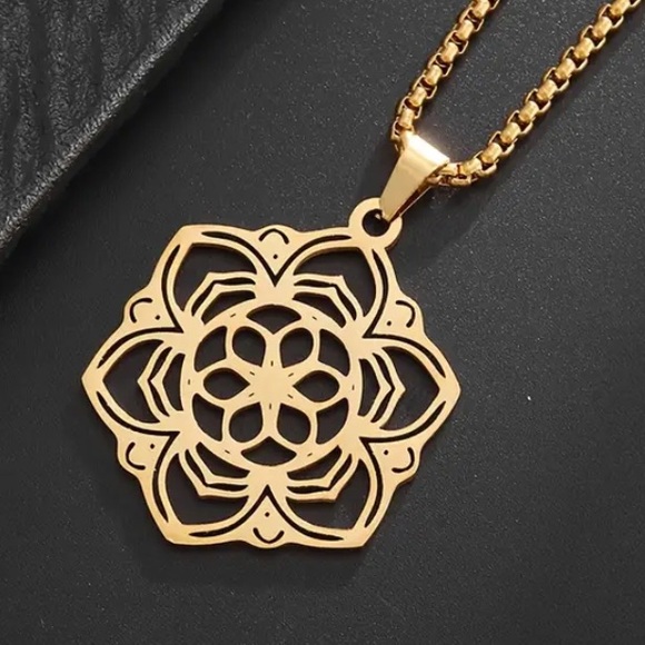 Gold Lotus Mandala Pendant Necklace – 18k Stainless Steel Spiritual Flower Charm - Picture 4 of 7